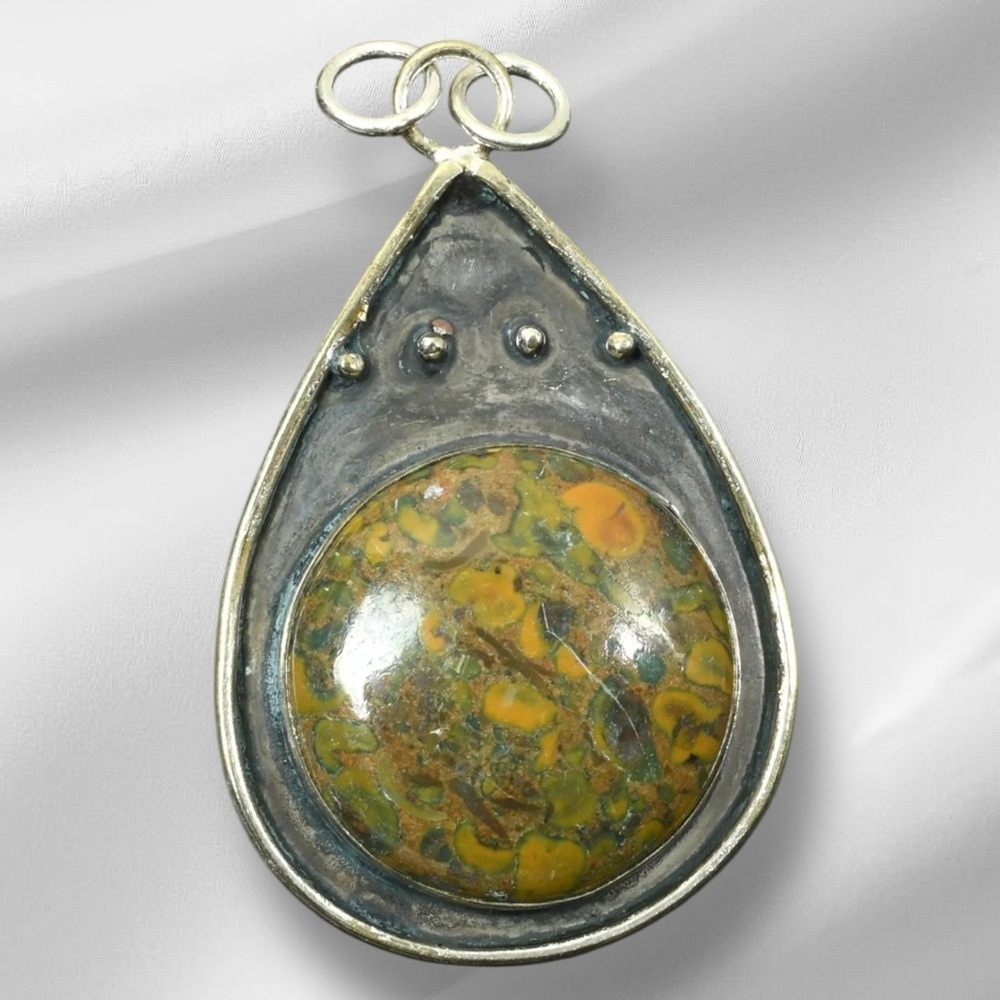 Artisan FRUIT JASPER Teardrop Pendant with Green and Yellow Hand Crafted #9140 - Picture 3 of 15
